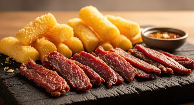 Fried dried beef strips with crispy cassava and dipping sauce on dark board.