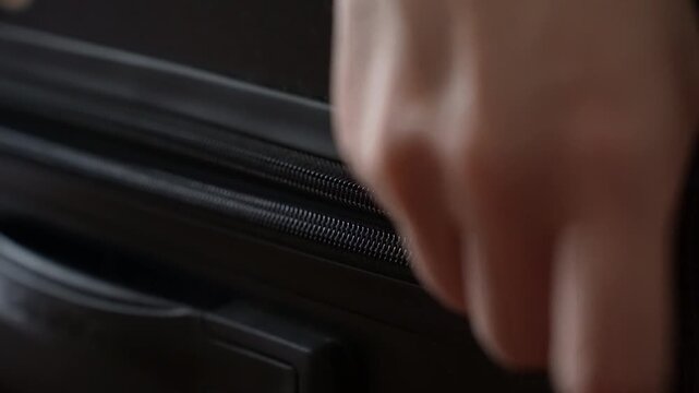 Stuck zipper of suitcase. A hand attempts to unlock a malfunctioning zipper, showing the frustration of dealing with stuck suitcase.