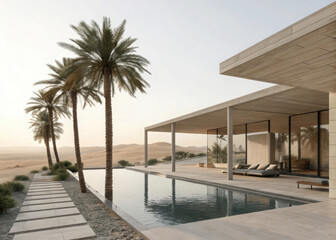 Fototapeta premium Modern desert villa with infinity pool and palm trees, luxury minimalist architecture in arid landscape, contemporary oasis retreat with glass walls