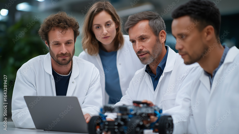 Poster innovative robotics team discussing ai robotic dog design