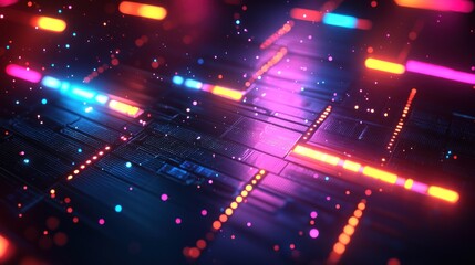 Futuristic circuit board with vibrant neon lights