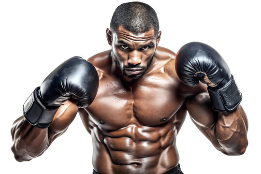 A muscular african american boxer with boxing gloves posing in a studio, isolated on transparent background, showcasing strength, fitness, and determination
