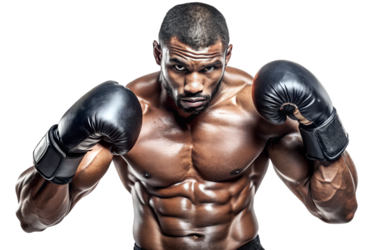 A muscular african american boxer with boxing gloves posing in a studio, isolated on transparent background, showcasing strength, fitness, and determination