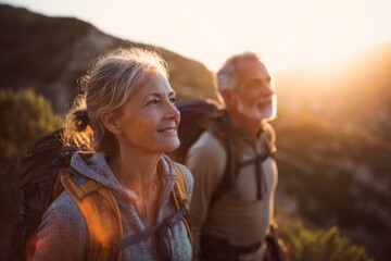 Smiling senior couple with backpacks hiking at sunset in the mountains.