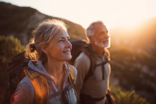 Smiling senior couple with backpacks hiking at sunset in the mountains.