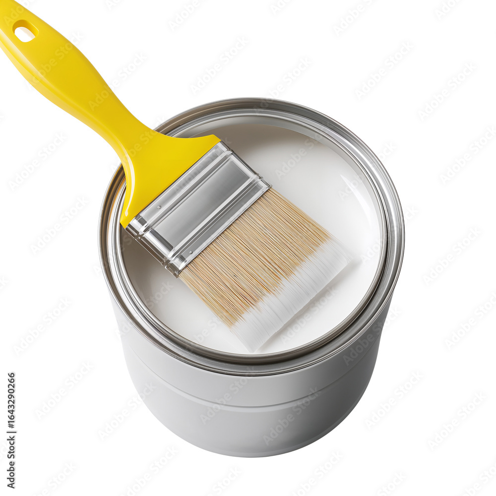 Poster elevated angle showcasing a paint brush dipped into a container of pristine white color isolated
