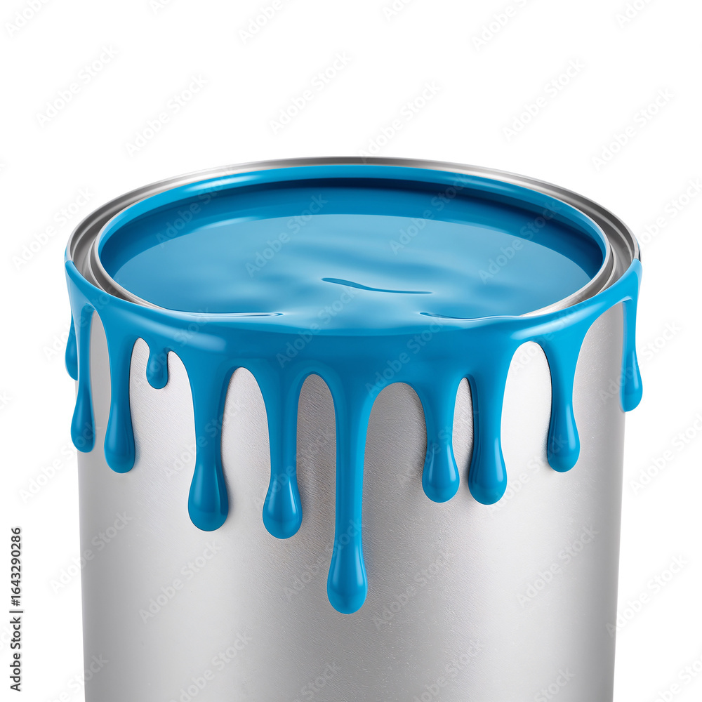 Poster viscous turquoise paint overflowing from a silver container against a neutral setting creating