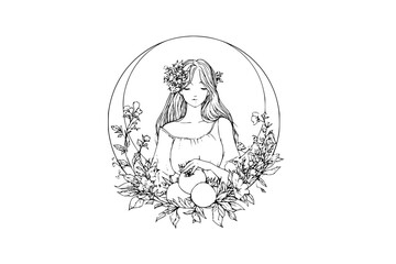 Obraz premium Elegant woman with flowers and fruit in a circular frame in a black and white line art illustration