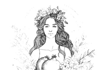 Detailed drawing of a woman with long wavy hair wearing a floral crown and holding pomegranates fruit