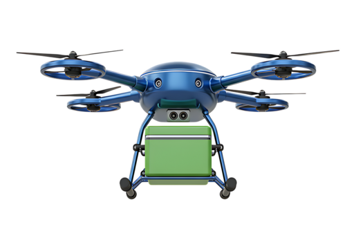 Futuristic metallic blue drone with eco delivery box transparent