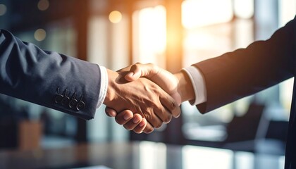 Businessmen handshaking in a modern office with sunlight symbolizes agreement