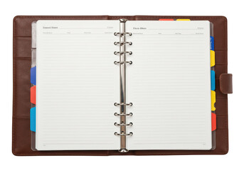 Open leather agenda book with blank lined pages and colorful dividers, isolated on transparent background