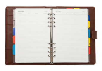 Open leather agenda book with blank lined pages and colorful dividers, isolated on transparent background