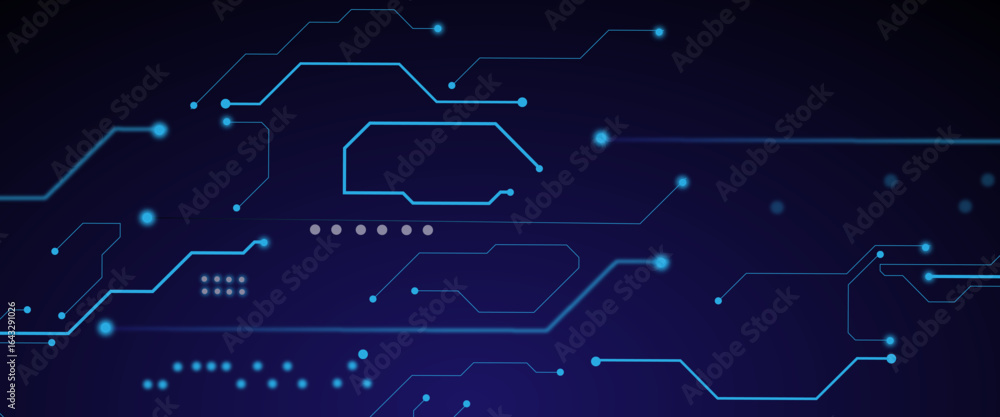 Poster tech connected blue lines with electronics elements. blue technology backdrop. computer motherboard 