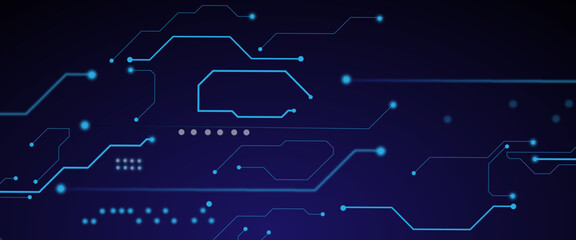 Tech connected blue lines with electronics elements. Blue technology backdrop. Computer motherboard with a chip, processor, a