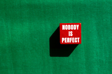 Nobody is Perfect message written on red wooden cube on green background. Conceptual Nobody is...