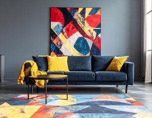 Navy sofa with yellow pillows in a modern living room featuring geometric patterned rug and wall art