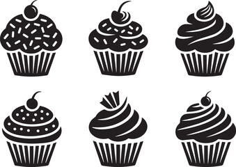 Six black and white cupcake illustrations dessert sweet