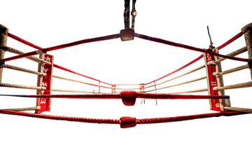 A boxing ring with red ropes and transparent background is ready for a fight, isolated on transparent background the canvas is clean and the corners are empty