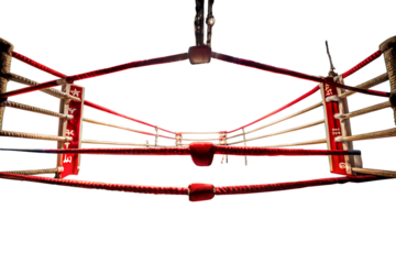 A boxing ring with red ropes and transparent background is ready for a fight, isolated on transparent background the canvas is clean and the corners are empty