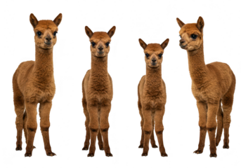 Four young brown alpacas standing and looking forward, isolated on transparent background