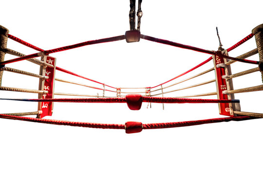 A boxing ring with red ropes and transparent background is ready for a fight, isolated on transparent background the canvas is clean and the corners are empty