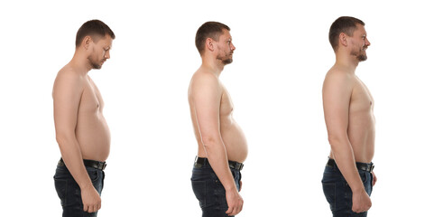 Before and after collage showing man with good and bad posture against white background