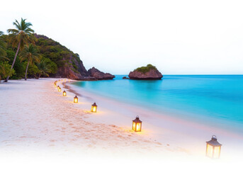 Obraz premium Tropical beach pathway illuminated by lanterns at dusk