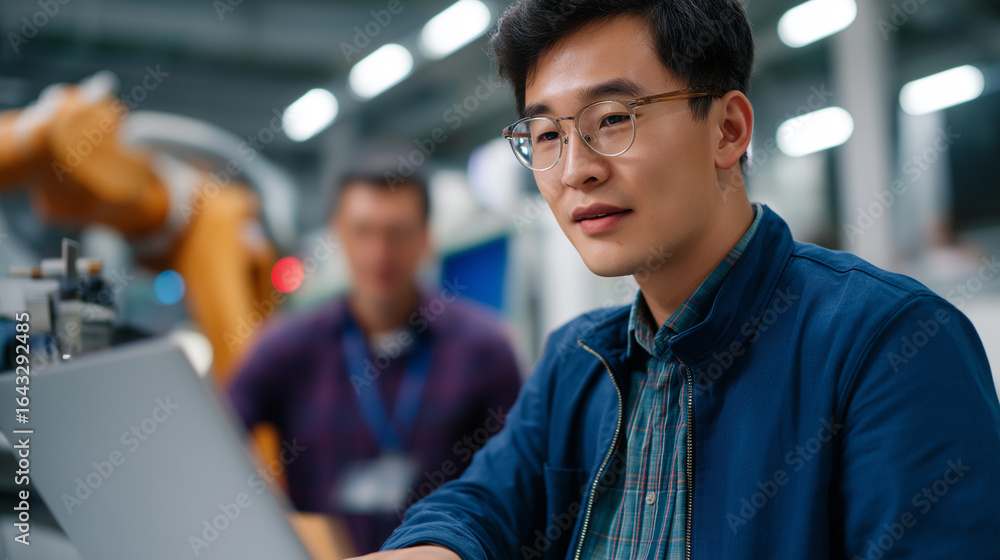 Poster professional engineer collaborates on robot arm programming