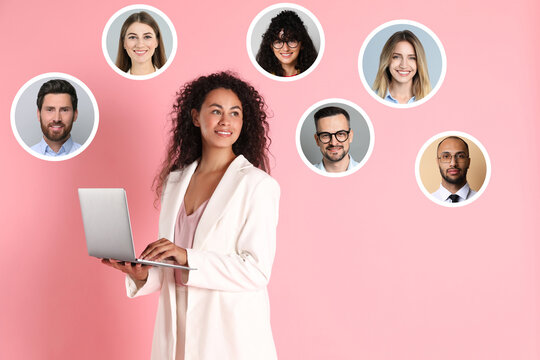 Recruiter with laptop looking for employee against pink background. Photos of candidates around her. Human resources management - Powered by Adobe