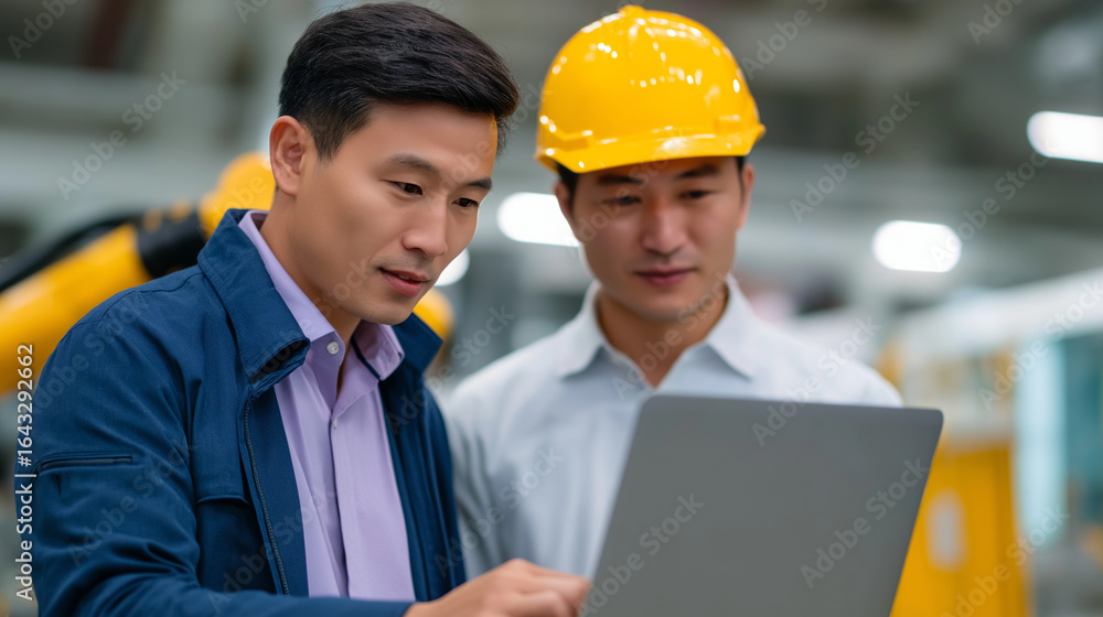 Poster young asian engineer explaining robot programming to colleague