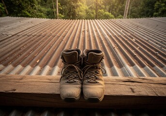 Brown Hiking Boots on Corrugated Metal Roof Waiting Patiently for Next Journey