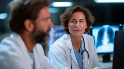 Radiologists Collaborate on Chest X-ray Analysis in Hospital Room