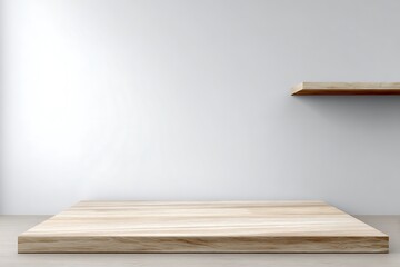 Empty wooden table for product display on white wall

