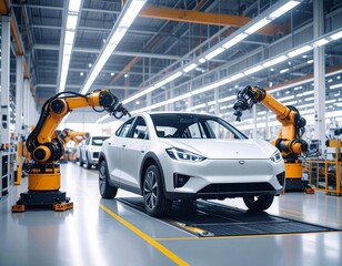 Fototapeta premium Robotic Assembly Line: Precision Manufacturing of Electric Vehicle