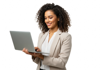 Young professional woman with curly hair smiling while using a laptop, isolated on transparent background