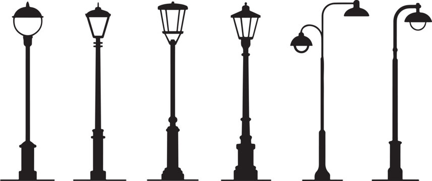 Various vintage lampposts silhouettes street light