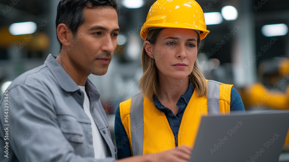 Poster engineers collaborating on robotics optimization in a modern factory
