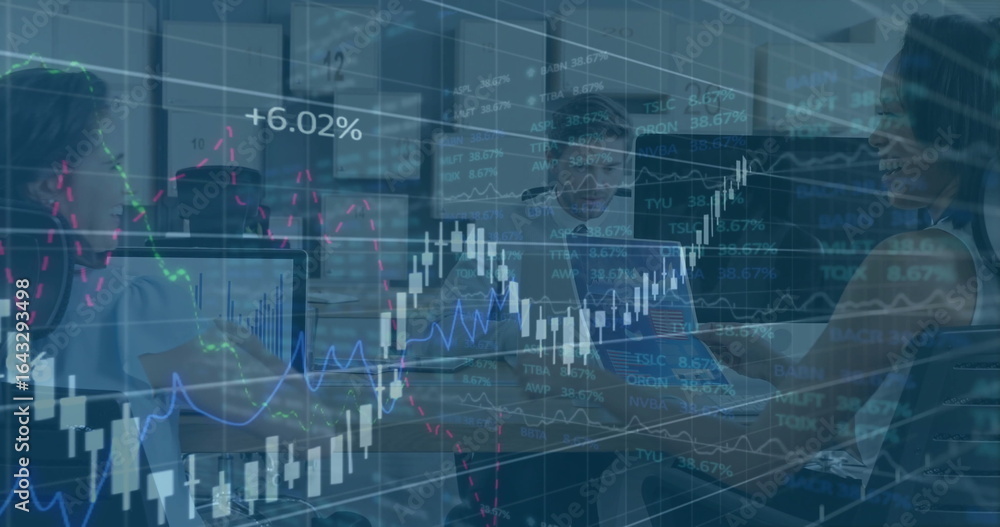 Poster sitting finance team analyzing data on monitors in modern office, with floating stock graphs