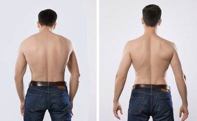 Before and after collage showing man with good and bad posture against white background