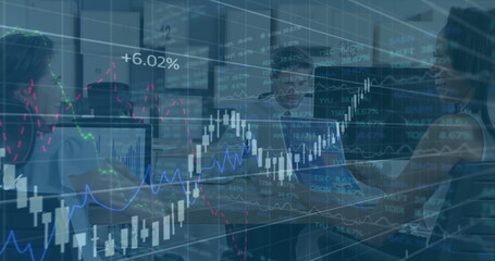 Sitting finance team analyzing data on monitors in modern office, with floating stock graphs