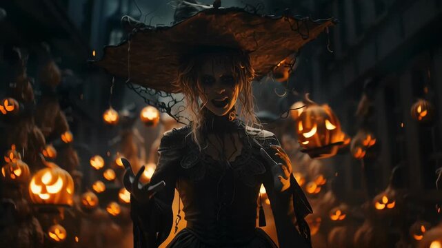 Witch in elaborate attire stands in a dark, misty gothic street surrounded by glowing jack-o-lanterns. Ominous atmosphere evokes Halloween spirit