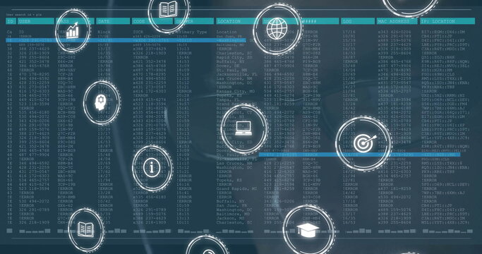Displaying dashboard screen presenting tabular data grid and overlay white circular icons