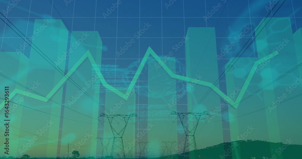 Poster combining translucent bar charts and zigzag graph over grassy plain with transmission towers, grid