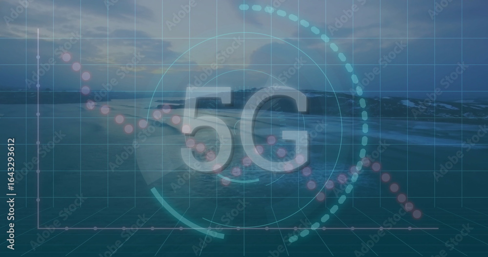 Aufkleber displaying semi-transparent 5g text overlaying ocean view with hud circles, dotted lines, grid axes