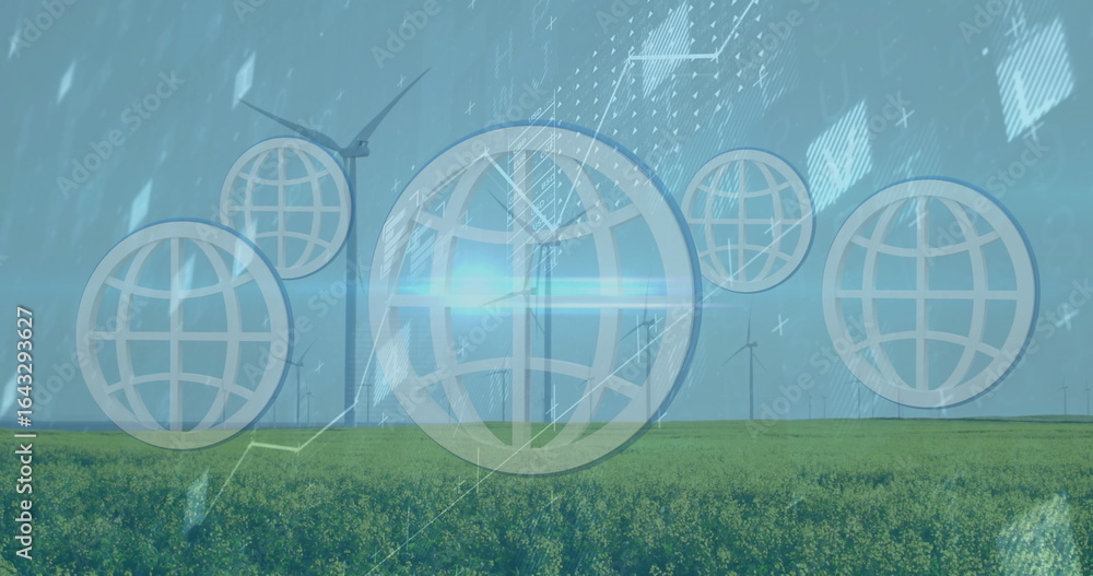 Poster projecting data charts and globe network icons onto green crop field around central wind turbine
