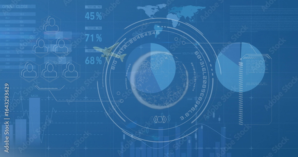 Poster circular hud 3d globe visualization rotating in dashboard, with airplane icon and bar charts