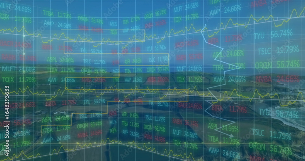 Aufkleber displaying dashboard interface with colored tickers, % values and yellow line graphs on grid lines