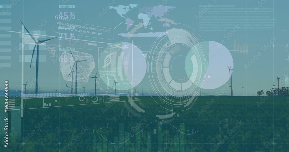 Poster displaying wind turbines overlaying circular hud graphics and bar charts on farmland, with metrics