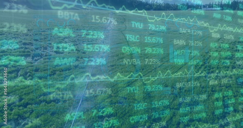Poster overlaying data panels over field in meadow, featuring line chart, percentage values and tickers